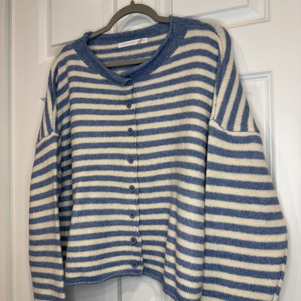 Altar'd State Blue and Cream Striped Button Up Cardigan Sweater Size Medium - Picture 3 of 3